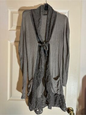 Luma Lace-Trim Open Front Robe Cardigan - Gray